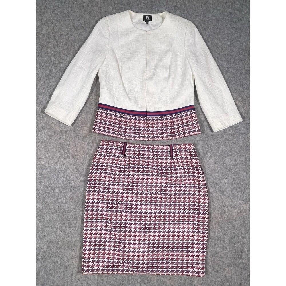 W By Worth Tweed Two Piece Jacket (Sz 4) And Skirt (Sz 6) Lined White, Red, Blue